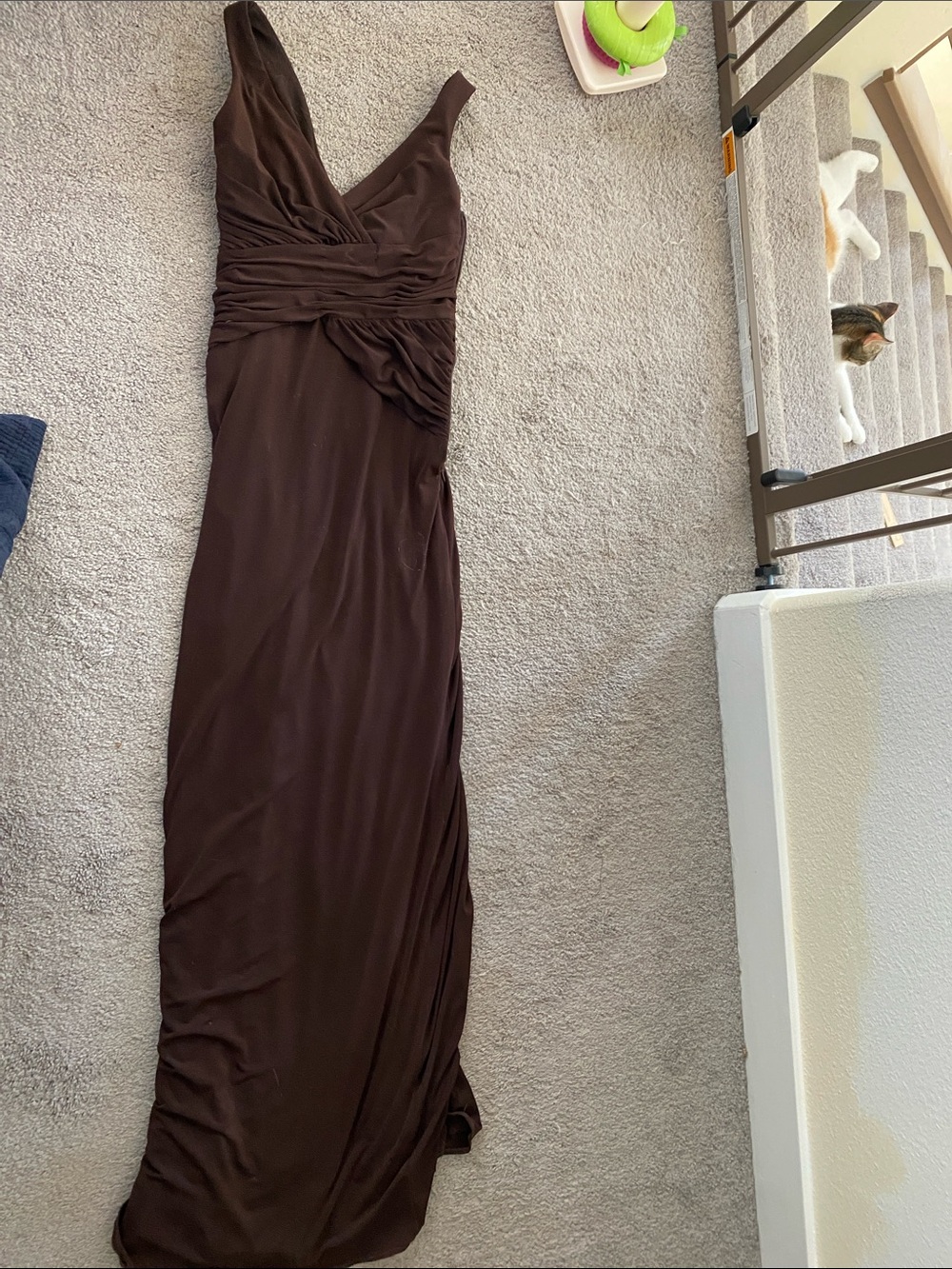 Laundry By Shelli Segal Chocolate Brown Ruched V-Neck Maxi Dress